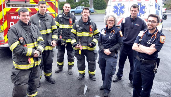 The New Paltz Fire Department and the New Paltz Rescue Squad are coming together to recruit volunteers in the Recruit NY program. Pictured are volunteer firefighters Kyle Gulliksen, Ahren Robertson, Dave Weeks Jr. and Ethan Smith. Pictured from the Rescue Squad are Ellen Dietz, Nate Trott and Michael Kurek. (photo by Lauren Thomas)