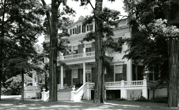 Built for Janet Livingston Montgomery in 1805 and renovated by Gothic Revival proponent Alexander Jackson Davis in 1844, the Montgomery Place mansion has views of the Hudson River and the Catskill Mountains. (Charles Eggert | Courtesy of Historic Red Hook)