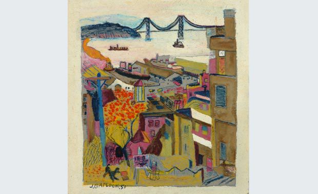 James Garlock's Cityscape with Artist, gouache and watercolor on board, 1951 (Quinn Ferris)