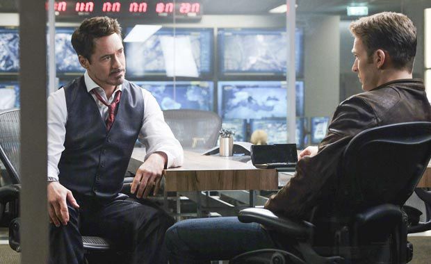Robert Downey, Jr. and Chris Evans in Captain America: Civil War