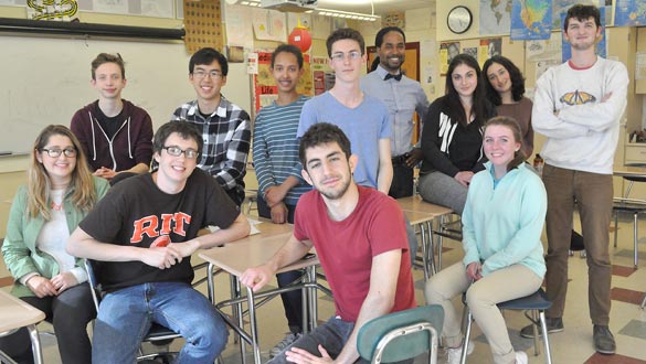 The New Paltz Mock Trial Team took first place in the county and third in the regional competition. Pictured are New Paltz High School social studies teacher and coach Albert Cook, Jeremy Brownstein, Oliver Ferland, Alexander Gerber, Anisa Gilmour, Juliet Littwin, Nicky Marshall, Grace Morrissey, Evan Purcell, Sarah Rubin, Janelle Schneider and Darren Tsai. Not pictured: Joshua Berry, Issac Cherigot, Katelynn Demskie, Elijah Duncan-Gilmour and Elijah McKee. (photo by Lauren Thomas)