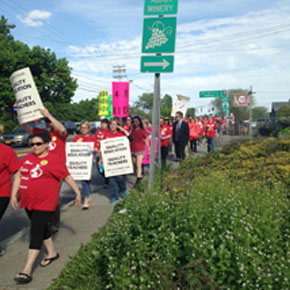 Unionized school teachers in the New Paltz district were joined by congressional candidate Zephyr Teachout last week as they ramped up their efforts to reach a contract agreement with a public march along Main Street. (photo by Terence P Ward)