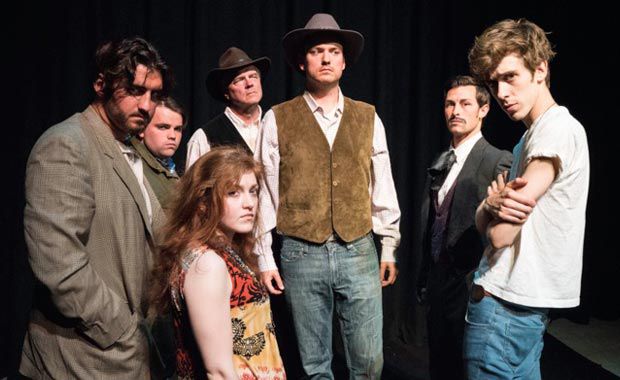 Assassins cast members (from left to right):Jeremy Ratel; Nick Glosque; Vera Perry; Monte Stone; Kolrick Greenhouse; Justin Stockslager and Max Green (photo by Ken Dreyfack)