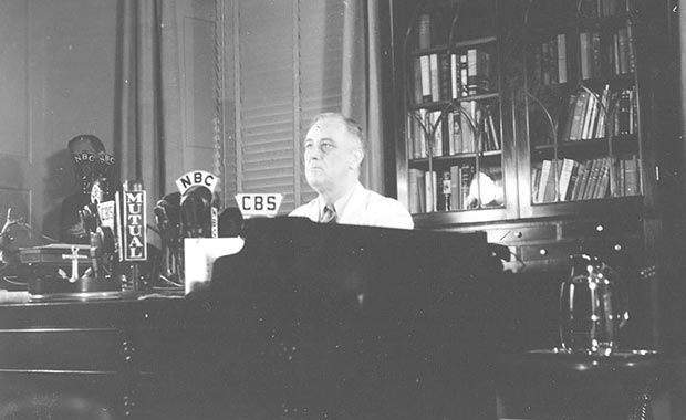 Franklin D. Roosevelt gives the first broadcast from his study in the FDR Library on Labor Day in 1941 declaring ,"We shall do everything in our power to crush Hitler and his Nazi forces." (Franklin D. Roosevelt Presidential Library & Museum)