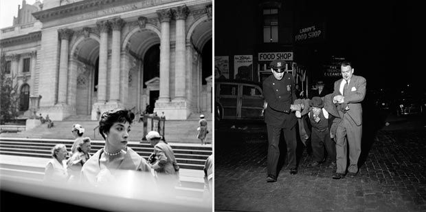 Left, New York Public Library, New York, c. 1952, still from John Maloof and Charlie Siskel’s Finding Vivian Maier. Right, Man being dragged by cops at night still from John Maloof and Charlie Siskel’s Finding Vivian Maier.