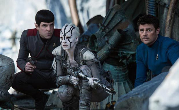 Zachary Quinto as Spock, Sofia Boutella as Jaylah and Karl Urban as Bones McCoy in Star Trek Beyond