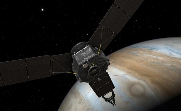 This illustration depicts NASA's Juno spacecraft at Jupiter (NASA/JPL-Caltech)