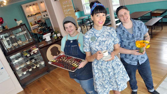 Lagusta Yearwood (in center) has opened Lagusta's Luscious Commissary at 11 Church Street in New Paltz. Pictured also are staffers Chrissy Dulgarian (on left) and Sam Lacovara (on right). (photo by Lauren Thomas)