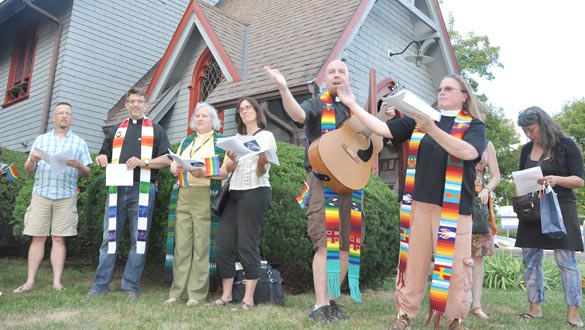 An ecumenical vigil for peace and healing, in response to Orlando and in support of LGBTQ people and communities around the world was held last Wednesday evening beginning at St. Andrew’s Episcopal Church on Main Street in New Paltz. Local clergy participating were Tobias Anderson of Redeemer Lutheran Church, Robin James of St. Andrews Episcopal Church, Bette Sohm of New Paltz United Methodist Church, Mark Mast of the Reformed Church of New Paltz, and representatives of The Friends Meeting House. (photo by Lauren Thomas)