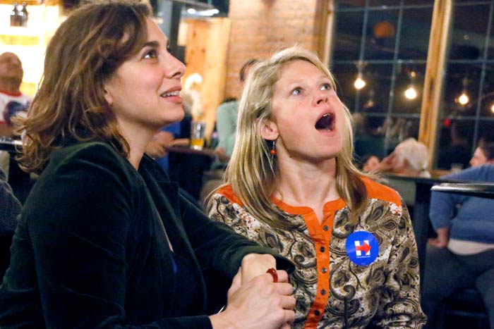 Erika Gabriello of Stone Ridge and Adrianne Theetge of High Falls react to a moment during Monday’s presidential debate. (photo by Phyllis McCabe)