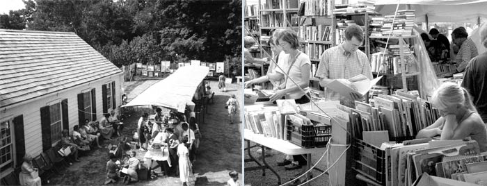 Left, The Elting Memorial Library Fair in 1969. (Haviland-Heidgerd Historical Collection | Elting Memorial Library). Right, readers look for the perfect book. (photo by Lauren Thomas).