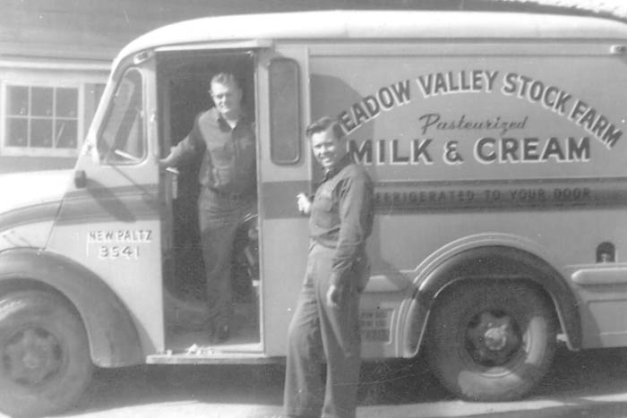 Dave Jewett, Jr. and Dick Brooks with a farm milk truck (Jewett Family Collection)