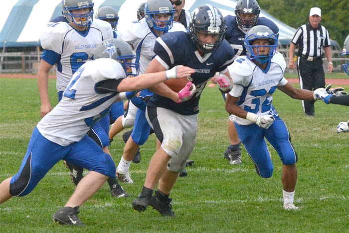Sawyer running back Jack Hindes bulls his way through the Valley Central defense for a big gain. (photo by Robert Gordon)