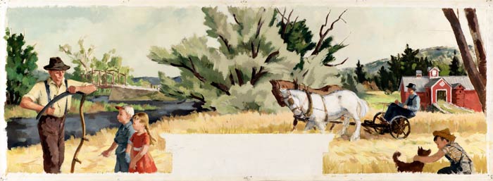 Andrée Ruellan (American 1905-2006) Farm at Harvesting Time, 1939, sketch for mural (unrealized) for Post Office, Delhi, New York, oil over graphite on thick board, the Frances Lehman Loeb Art Center, Vassar College, Gift of Susan and Steven Hirsch, class of 1971, 1999.40