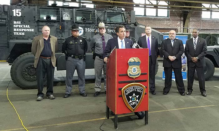 U.S. Attorney Richard Hartunian talks about the arrests at Thursday’s press conference at the Kingston armory. (Dan Barton)