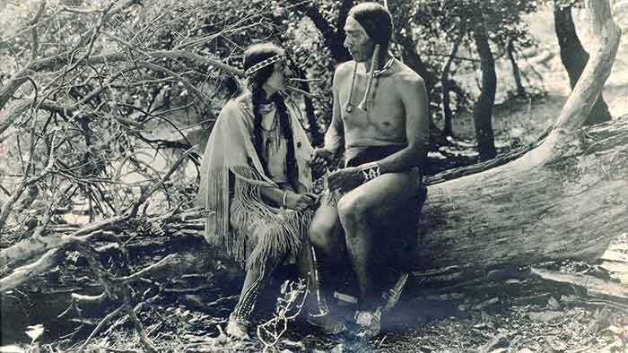 Still from The Daughter of Dawn. The silent film cast more than 300 Comanche and Kiowa actors, who wore their own traditional clothing, supplied their own props including tipis and weapons and performed dances that they had preserved despite a US government ban on such rituals. 