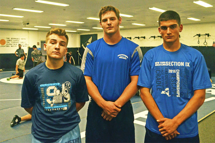 Saugerties wrestling team captains Sam Spiers, James Ball, and Matt Bucci. (photo by Robert Ford)