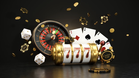 Graphic showing cards, a roulette wheel, three 7's from a slot machine